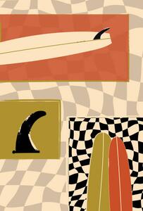 Illustrazione Surfboard fin and Longboard on checkers, LucidSurf
