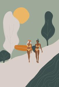 Illustrazione Surfer Girls walking with the surfboards, LucidSurf