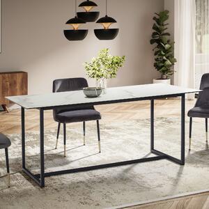 WOHNLING Tavolo da pranzo 180x90x76 cm in vetro ceramico, bianco effetto marmo, tavolo da cucina grande, tavolo rettangolare in vetro, tavolo da pranzo