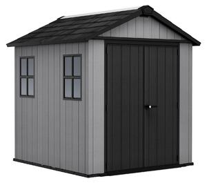 Newton + 757/775 - Casetta da Giardino 223x246x230 cm 2 Ante per deposito attrezzi finitura effetto legno Evotech+ in Resina Grigio e Nero