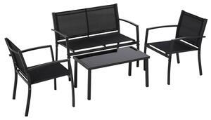Adelaide - Salottino da giardino di design con divanetto + 2 poltrone + tavolino da caffè con ripiano in vetro. Set lounge da esterno 4 pezzi in metallo e textilene. Nero