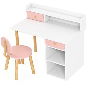 AIYAPLAY Set Scrivania e Sedia per Bambini con 2 Cassetti e Ripiani in Legno, per Cameretta, Studio, Asilo, Rosa | Aosom Italy