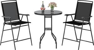 Set da esterno composto da 3 elementi per bar, con piano del tavolo in materiale DPC e foro per ombrellone, tavolo da terrazza con struttura in metallo, 2 sedie pieghevoli, colore nero