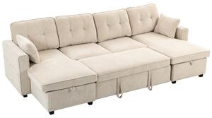 HOMCOM Grande Divano Letto Angolare a U Estraibile con 2 Chaise Longue, Vani Contenitore e 2 Cuscini, in Ciniglia, Beige | Aosom Italy