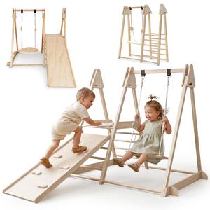 Parco giochi al coperto Mamabrum in legno con scivolo, altalena e parete da arrampicata