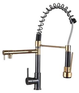 KLARWERK® Björn | Miscelatore da cucina nero, finitura oro, per uso professionale | Due getti | Rubinetto in acciaio inossidabile per cucina | Adatto per lavelli doppi in ristoranti