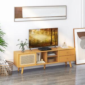 Costway Mobile in Bambù per TV fino a 65 Pollici con porte in vetro e rattan, Tavolino per TV con 2 cassetti Naturale