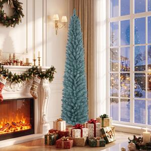 Costway Albero di natale slim con rami e guanti protettivi per casa ufficio e negozi, Albero di natale artificiale in pvc con base pieghevole in metallo 210 cm