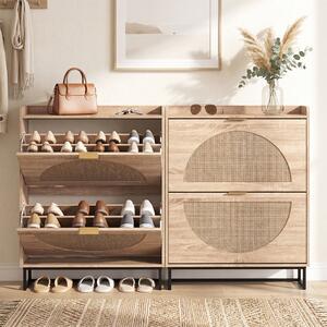 Costway Scarpiera salvaspazio con 2 ante a ribalta e ripiani regolabili con decorazioni in rattan, Portascarpe slim per ingresso salotto corridoio