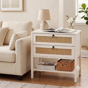 Costway Comodino camera da letto bianco con 2 cassetti e 1 ripiano aperto con rattan decorativo, Tavolino laterale da divano camera per salotto