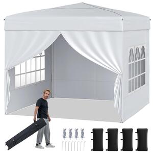 KOMFOTTEU, Gazebo pop-up 3x3 metri, gazebo da giardino pieghevole con pareti laterali removibili, struttura in metallo, finestre trasparenti, 4 sacchi di sabbia, borsa da trasporto, gazebo pieghevole per barbecue, picnic, campeggio (bianco)