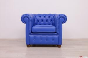 Piccola poltrona Chesterfield in Pelle Blu Cobalto