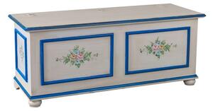 Cassapanca arte povera in legno shabby bianco anticato decorato filo blu