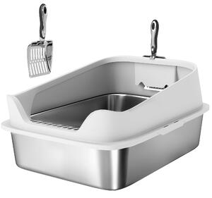 PawHut Lettiera in acciaio inox WC aperto con paletta bordo alto per gatti grandi fino a 7 kg, 60,2 x 40,2 x 29,7 cm, Grigio | Aosom Italy