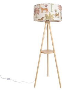Lampada da terra a treppiede in legno con paralume multicolore con stampa animalier 50cm - Lou