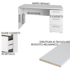 Scrivania Ufficio, Tavolo porta PC computer, 3 cassetti, in legno Bianco - 138x60x74