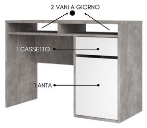 Scrivania Ufficio, Tavolo porta PC computer, 1 cassetto e 1 anta con vani in legno Grigio e Bianco - 48x110x77