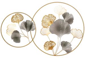 HOMCOM Decorazione Murale 3D in Metallo, Wall Art Dorata con Foglie di Ginkgo in due Cornici Rotonde, 138x70 cm, Oro e Argento|Aosom