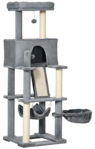 PawHut Albero Tiragraffi per Gatti con Pali in Sisal, Casetta, Lettino e Amache, 48x48x140cm, Grigio|Aosom