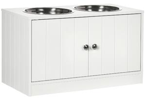 PawHut Ciotole per Cani Rialzate con Armadietto da 44L e 2 Ciotole in Acciaio, 60x30x35.5cm, Bianco|Aosom