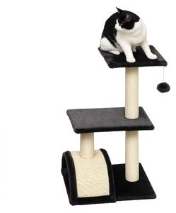 PawHut Albero per Gatti a 3 Livelli con Tappetino Tiragraffi ad Arco, in Legno, Peluche e Sisal, 40x35x72 cm, Grigio