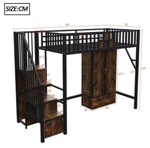 Letto a soppalco per bambini - Letto a soppalco con armadio - 90 x 200 cm - Nero - Legno e metallo - Armadio integrato - Cassetti - Ringhiera di sicurezza