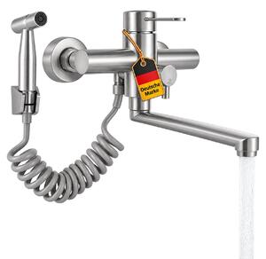 KLARWERK® Max | Rubinetto per uso professionale da montare a parete, finitura argento spazzolato | Miscelatore in acciaio inossidabile con doccetta, dotato di due getti e beccuccio piatto