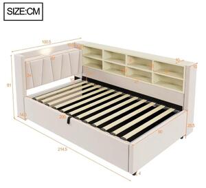 Divano letto Samt - Divano letto pieghevole 90 x 200 cm - Con spazio contenitore - Meccanismo di sollevamento idraulico - Poggiatesta imbottito - Colore beige