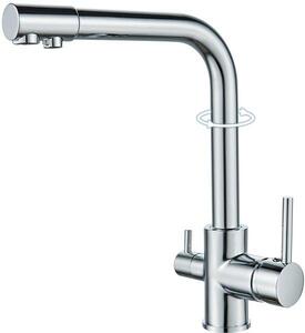 Rubinetto da cucina con manopola girevole e filtro, rubinetto da cucina per acqua calda, fredda e potabile, rubinetto in acciaio inossidabile girevole a 360 gradi con doppia maniglia e 3 attacchi per tubi flessibili, cromato