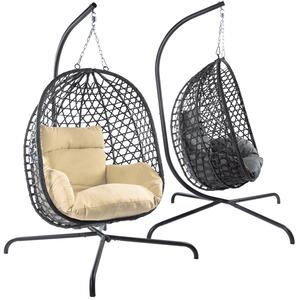 Poltrona sospesa Dimono con struttura in polyrattan beige, poltrona a dondolo, lettino sospeso, poltrona relax per interni ed esterni, fino a 120 kg, per giardino e terrazza