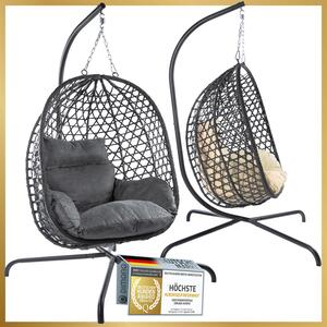 Poltrona sospesa premium con struttura e cuscini in grigio | Poltrona a cesto sospesa per interni ed esterni | Sdraio sospesa in polyrattan | Portata massima 120 kg