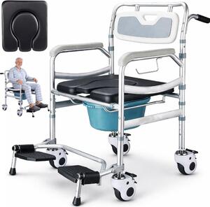Sedile WC multifunzionale 5 in 1, WC mobile, Linomag®, rivestimento rimovibile, sedile doccia, per anziani o persone con mobilità ridotta, impermeabile, grigio chiaro/nero