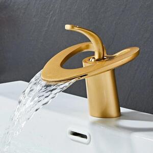 Rubinetto per lavabo - Modello a cascata - Montaggio a filo piano - Miscelatore monocomando - Per foro singolo - Acqua calda/fredda - Cartuccia in Vetroceramica - Ottone - Oro spazzolato