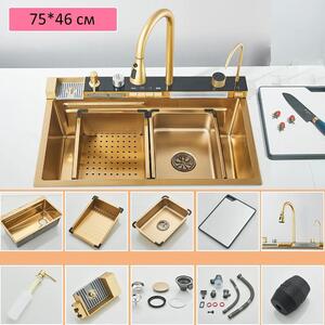 Set lavello da cucina - Doppia vasca - Acciaio inossidabile 304 - Montaggio da appoggio - Rubinetto con display digitale - Dispenser per sapone e lavabicchieri - Oro spazzolato
