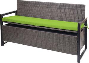 Panca da giardino Poly-Rattan, modello MCW-F39, con spazio contenitore, lunghezza 164 cm, colore grigio marmorizzato, cuscini verdi