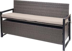 Panca da giardino Poly-Rattan, modello MCW-F39, con vano contenitore, lunghezza 164 cm, colore grigio marmorizzato, cuscini beige
