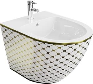 LAVITA Bidet da parete universale Sofi Checked Gold con foro per rubinetto e sistema antitraboccamento in Vetroceramica | Lavabo con sedile per montaggio a parete | Igienico e di facile manutenzione | 36,5x49x32,5 cm |