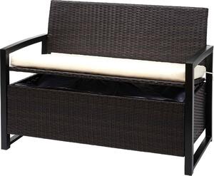 Panca da giardino Poly-Rattan, modello MCW-F39, con spazio contenitore, colore marrone, dimensioni 117 cm, cuscini color crema