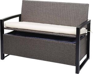 Panca da giardino Poly-Rattan, modello MCW-F39, con spazio contenitore, ideale per l'esterno, colore grigio marmorizzato, dimensioni 117 cm, cuscini color crema