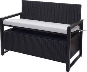 Panca da giardino Poly-Rattan, modello MCW-F39, con spazio contenitore, colore antracite, dimensioni 117 cm, cuscini grigi