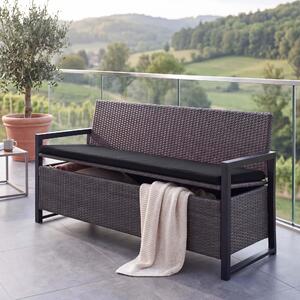 Panca da giardino in rattan sintetico, modello HWC-F39, con spazio contenitore, lunghezza 164 cm, colore grigio, cuscini neri