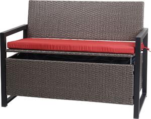 Panca da giardino Poly-Rattan, modello MCW-F39, con spazio contenitore, ideale per l'esterno, colore grigio marmorizzato, dimensioni 117 cm, cuscini rossi