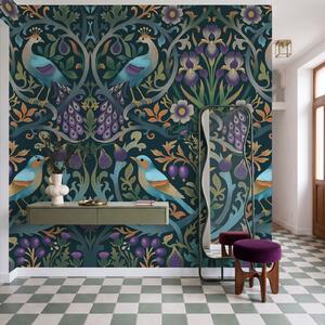 Carta da parati Motivo floreale colorato con uccelli e fiori, Carta da parati Uccelli, Carta da parati popolare - Tapeko.it