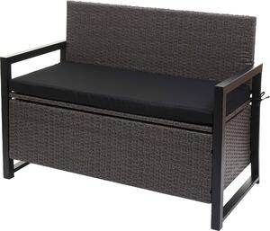 Panca da giardino in rattan sintetico, modello MCW-F39, con spazio contenitore, colore grigio, dimensioni 117 cm, cuscini neri