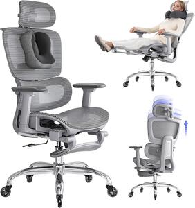 Sedia da ufficio grigia in rete, con schienale ergonomico, poggiapiedi e funzione di inclinazione
