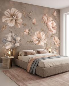 Carta da parati Grandi fiori color crema e beige con foglie, Carta da parati Floreale, w05958 : Uwalls.it