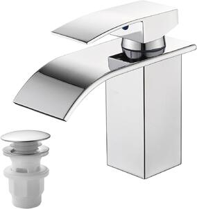 Rubinetto per lavabo in cromo con erogatore a cascata, miscelatore monocomando e kit di scarico per bagno e toilette