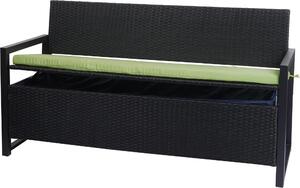Panca da giardino Poly-Rattan, modello MCW-F39, con vano contenitore, lunghezza 164 cm, colore antracite, cuscini verdi