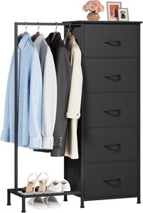 Comò nero con 5 cassetti e appendiabiti, dimensioni 30 x 79 x 114,5 cm