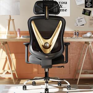 Sedia da ufficio ergonomica con supporto lombare, braccioli regolabili e schienale a forma di V, disponibile in nero e oro